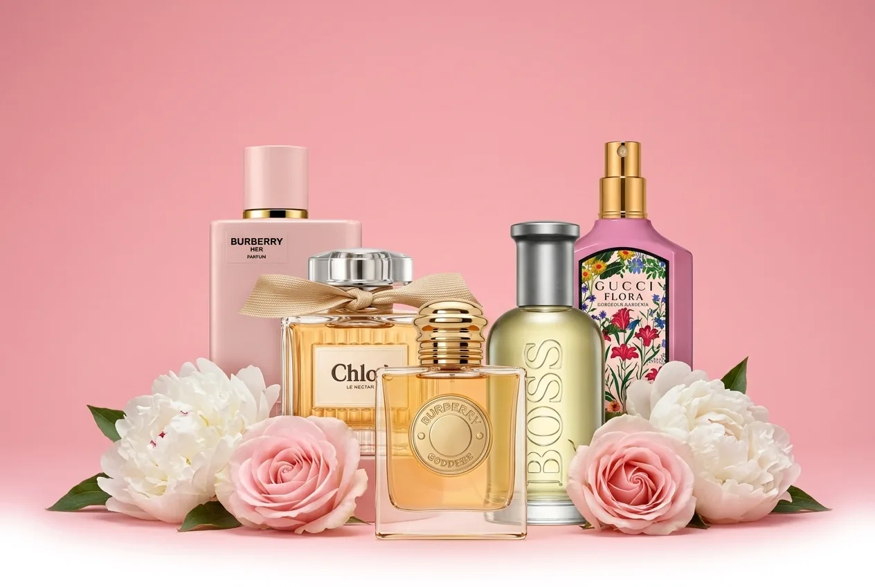 Flacons Burberry, Chloé, Gucci et Hugo Boss entourés de fleurs sur fond rose