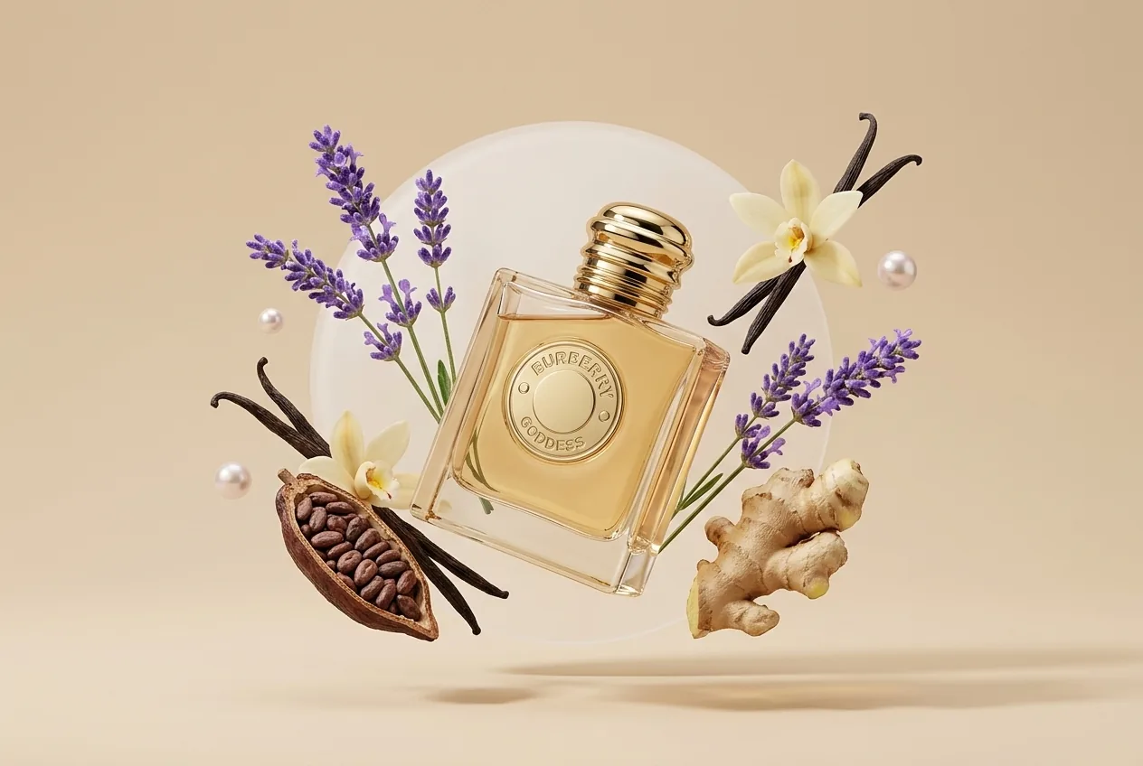 Flacon Burberry Goddess entouré de lavande, vanille, cacao et gingembre sur fond crème