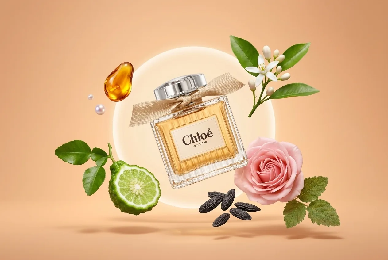 Flacon Chloé Le Nectar entouré de bergamote, fleurs d'oranger, rose, fève tonka et ambre sur fond pêche