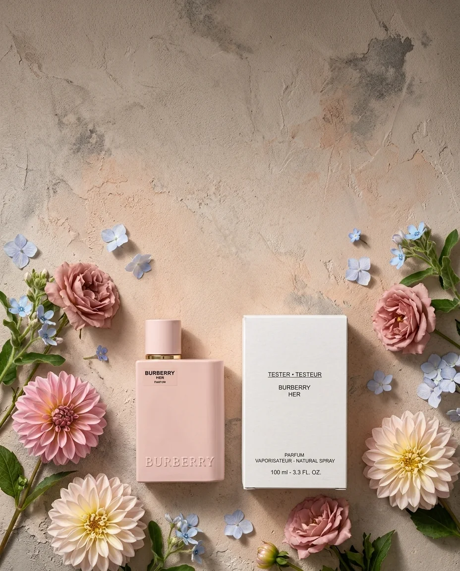Flacon Burberry Her Parfum posé à côté de sa boîte testeur, entourés de dahlias roses