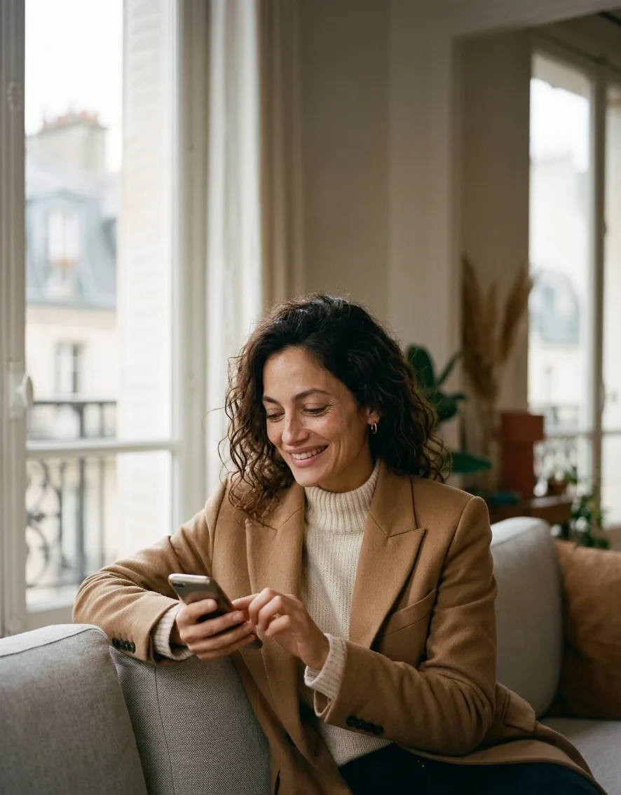 Une femme souriante partage un bon plan depuis son téléphone