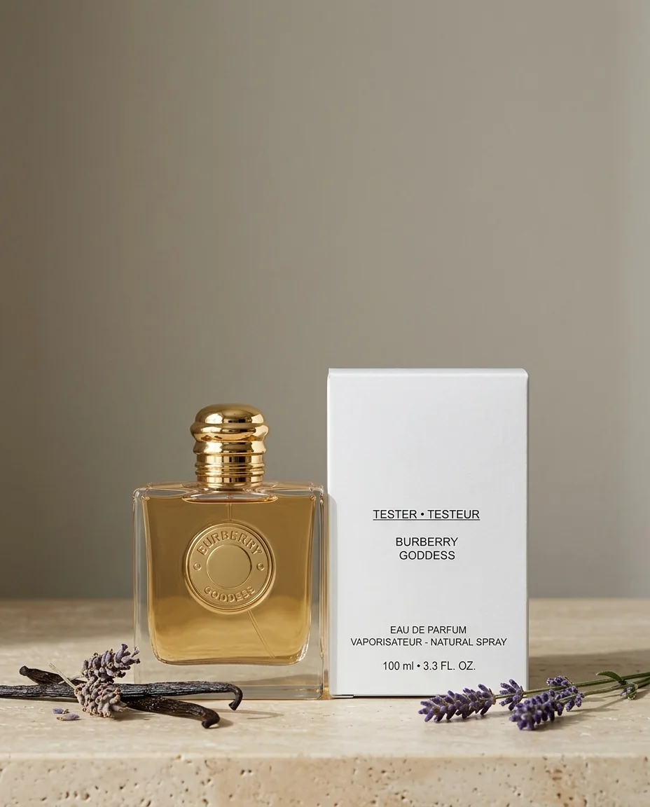 Flacon Burberry Goddess à côté de sa boîte testeur blanche, sur un comptoir en pierre